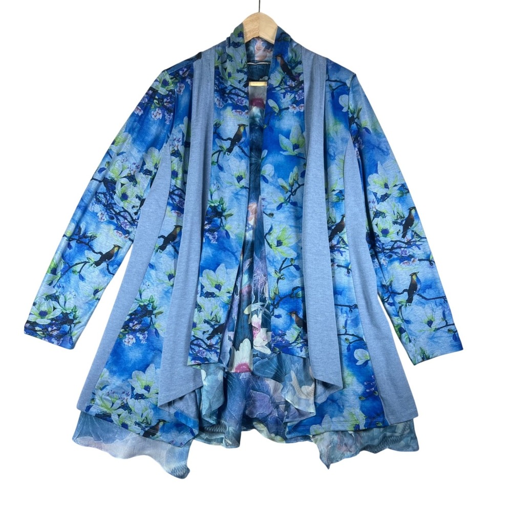 Soft Surroundings Blue Floral Bird Koi Fish Open Front Draped Cardigan Medium